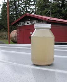 Jar of murky water in front of Carlotta Fire Department