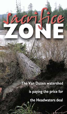 Sacrifice Zone: The Van Duzen waterhsed is paying the price for the Headwaters deal [photo of felled tree at edge of river]